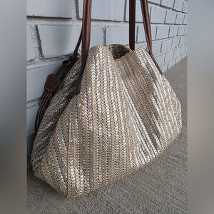 Eric Javits New York Metallic Woven Tote Bag Gold Silver Leather Handles Large